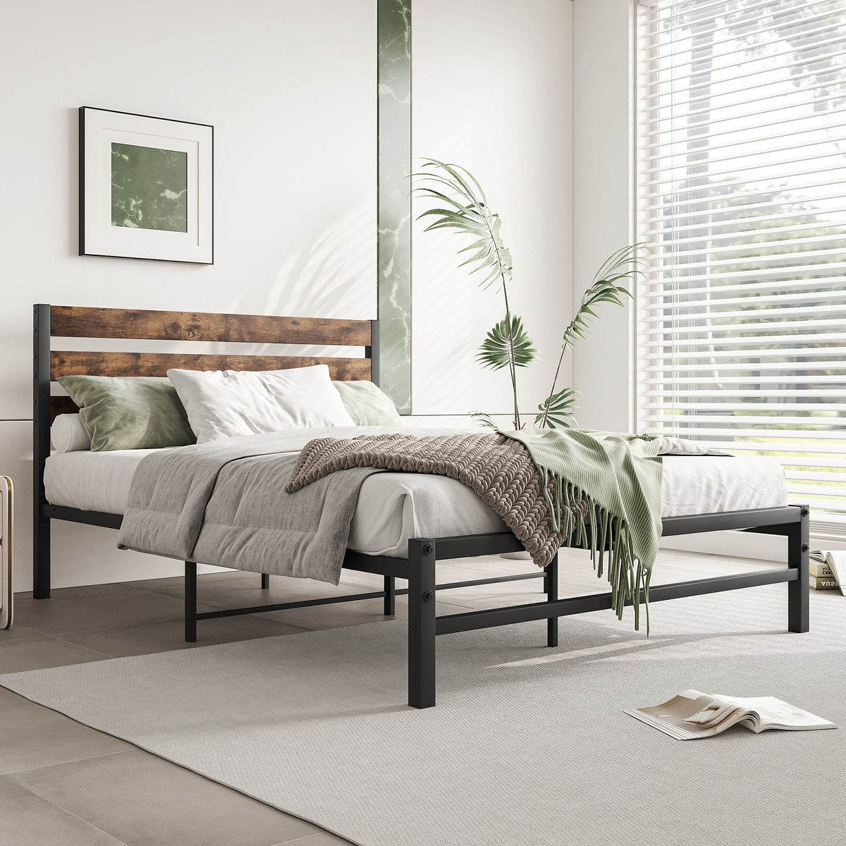 Full Size Platform Bed Frame with Rustic Wood Headboard
