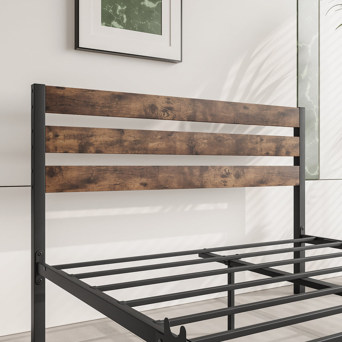 Full Size Platform Bed Frame with Rustic Wood Headboard