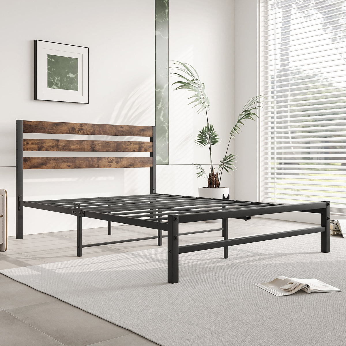 Full Size Platform Bed Frame with Rustic Wood Headboard