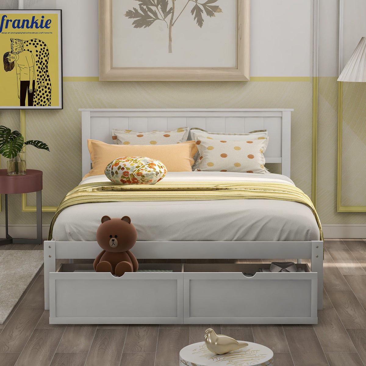Full Size Platform Bed with Storage Drawers in White