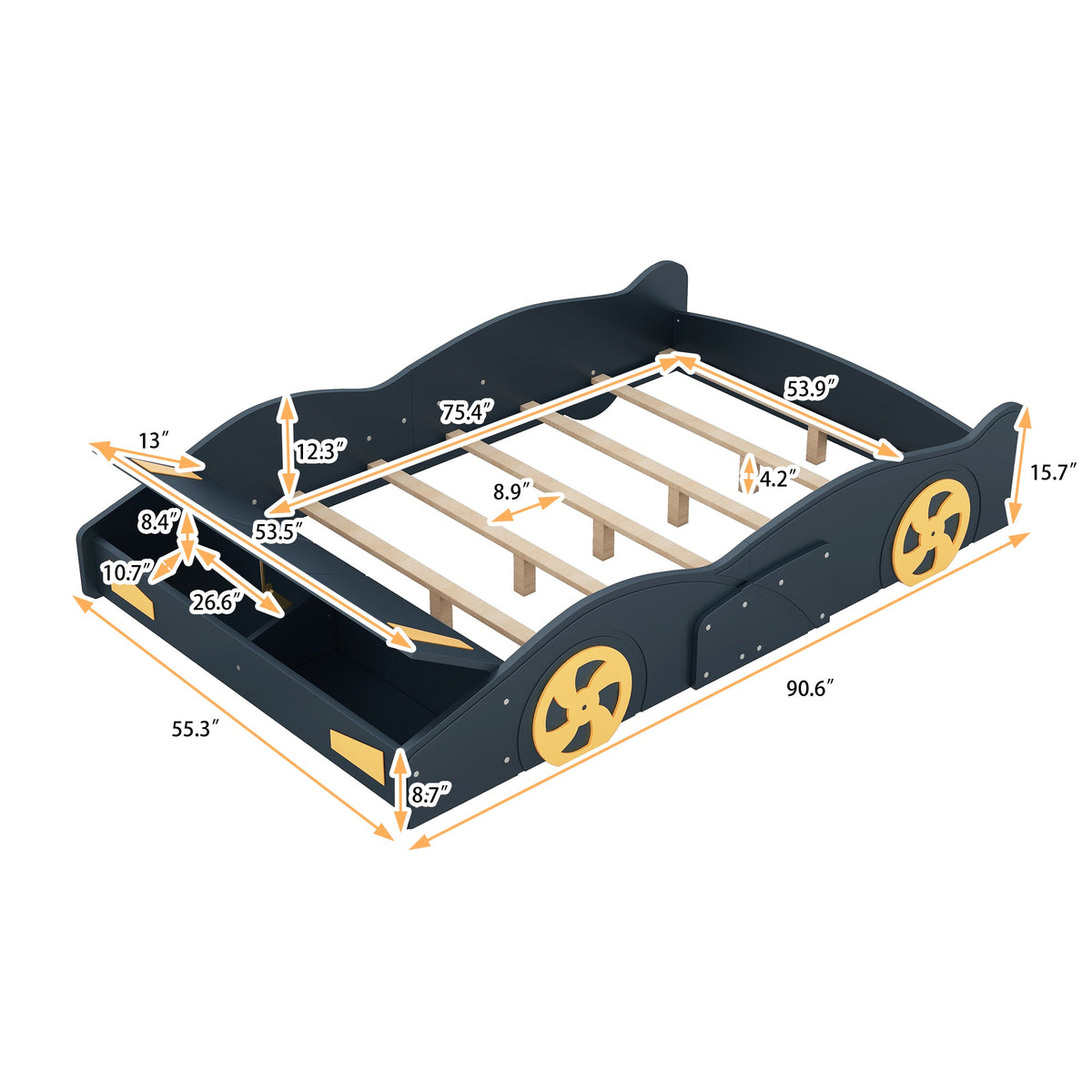 Kids Full Size Race Car Bed with Wheels and Storage