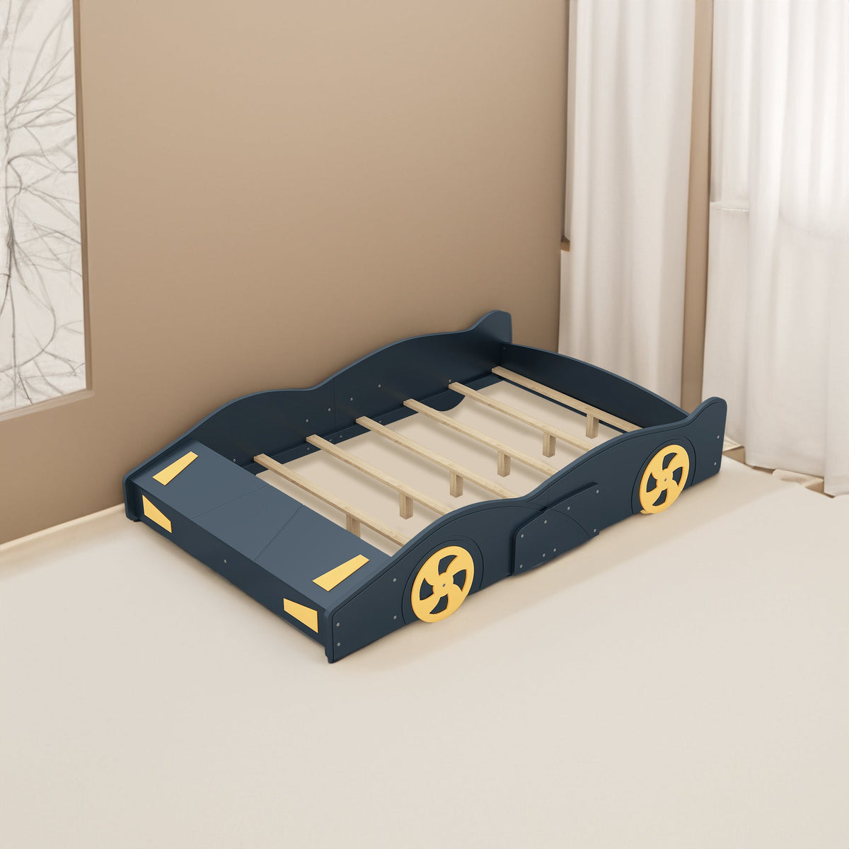 Kids Full Size Race Car Bed with Wheels and Storage