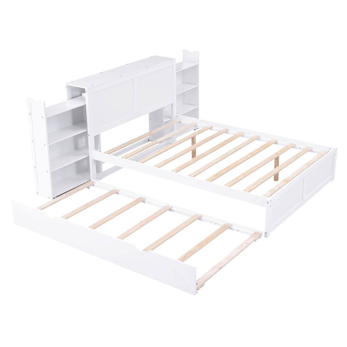 Full Size Platform Bed with Bookcase Headboard & Trundle