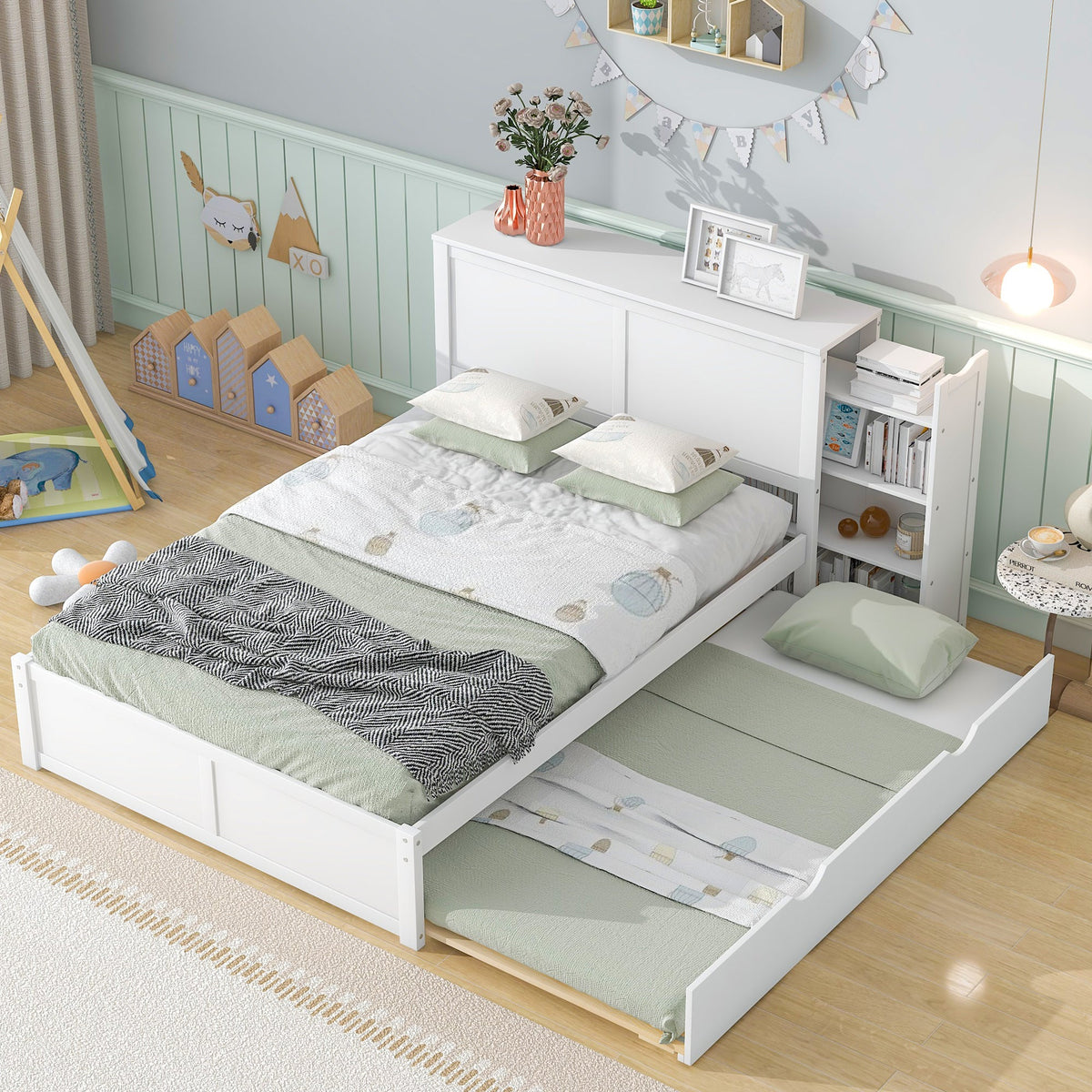 Full Size Platform Bed with Bookcase Headboard & Trundle
