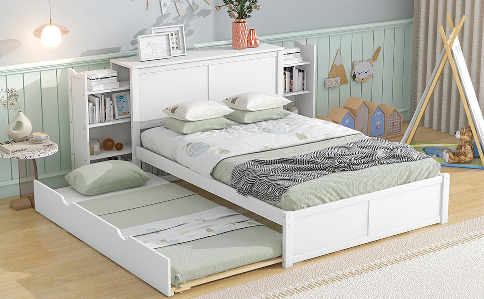 Full Size Platform Bed with Bookcase Headboard & Trundle