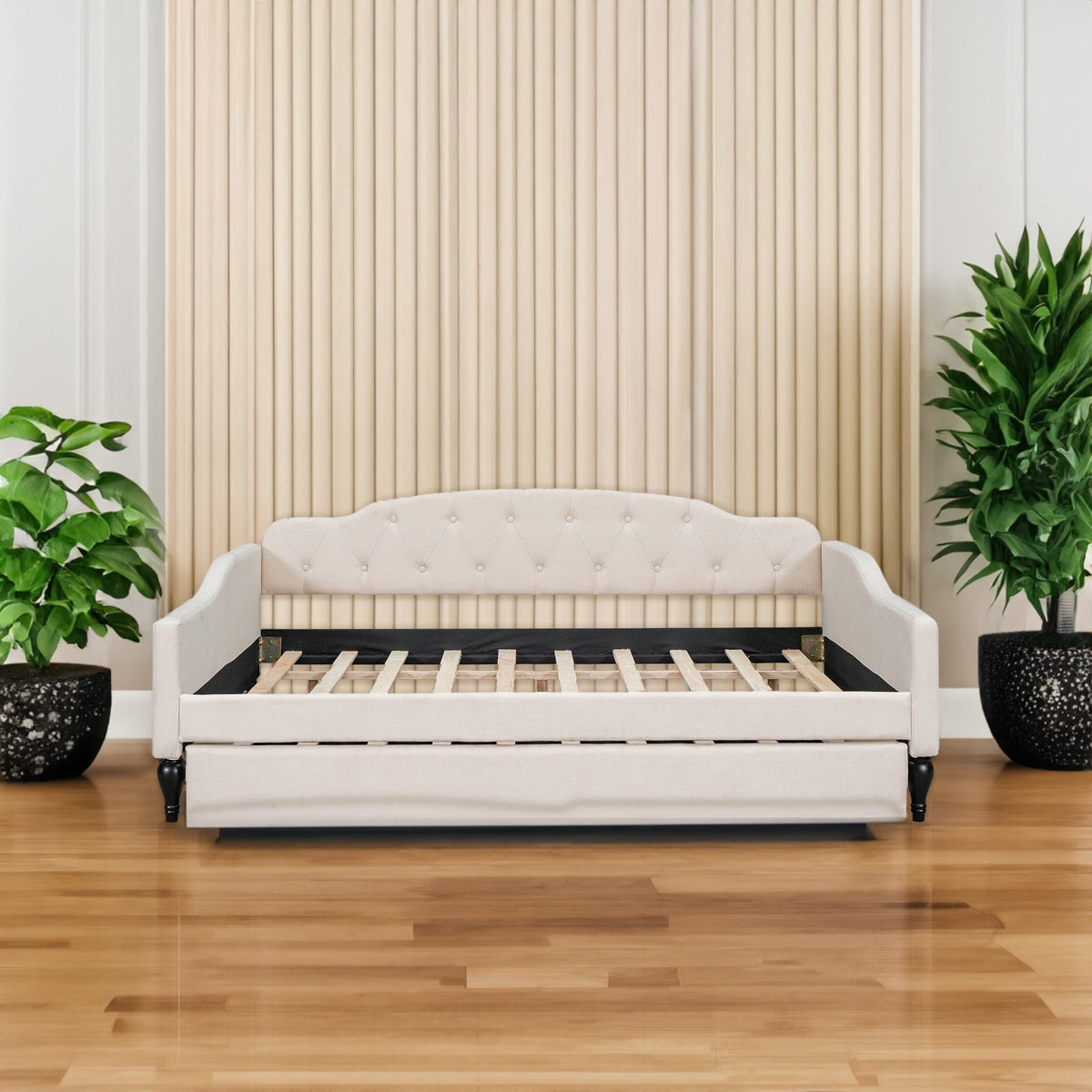 Full Size Tufted Daybed with Twin Trundle, Beige Linen