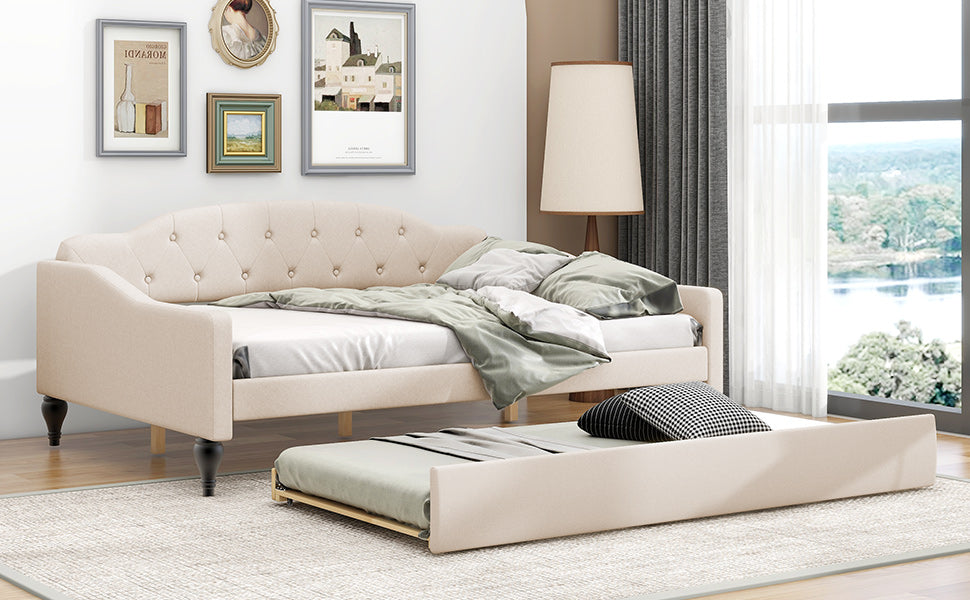 Full Size Tufted Daybed with Twin Trundle, Beige Linen