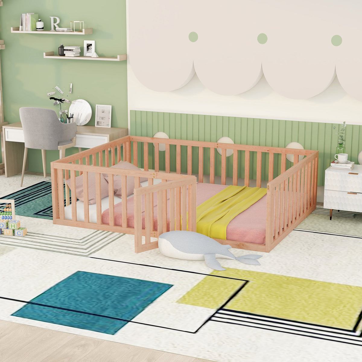 Full Size Wood Toddler Bed Frame with Safety Fence & Gate