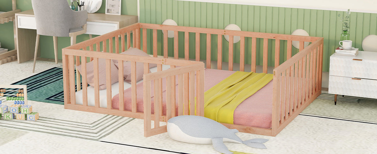 Full Size Wood Toddler Bed Frame with Safety Fence & Gate