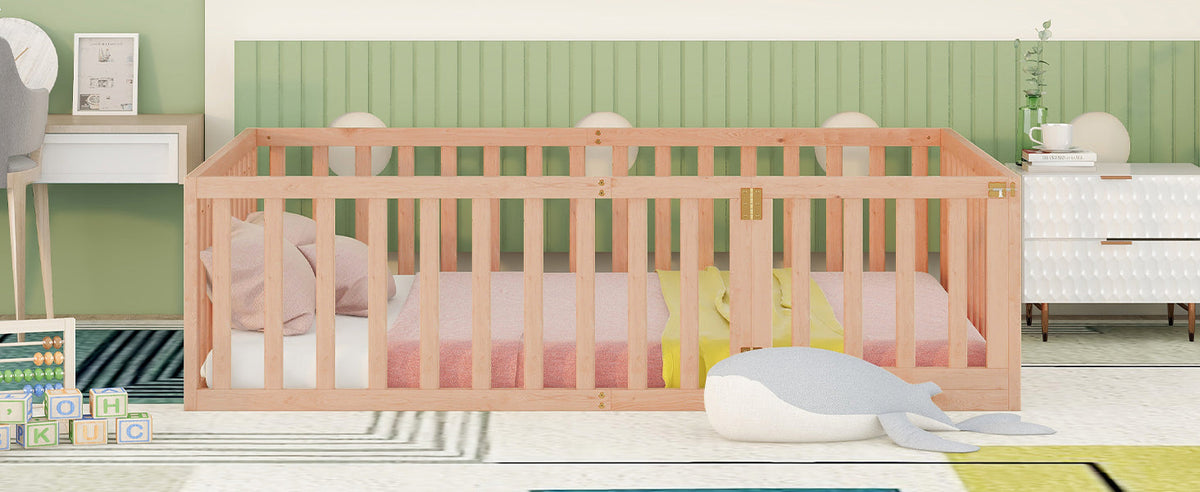 Full Size Wood Toddler Bed Frame with Safety Fence & Gate