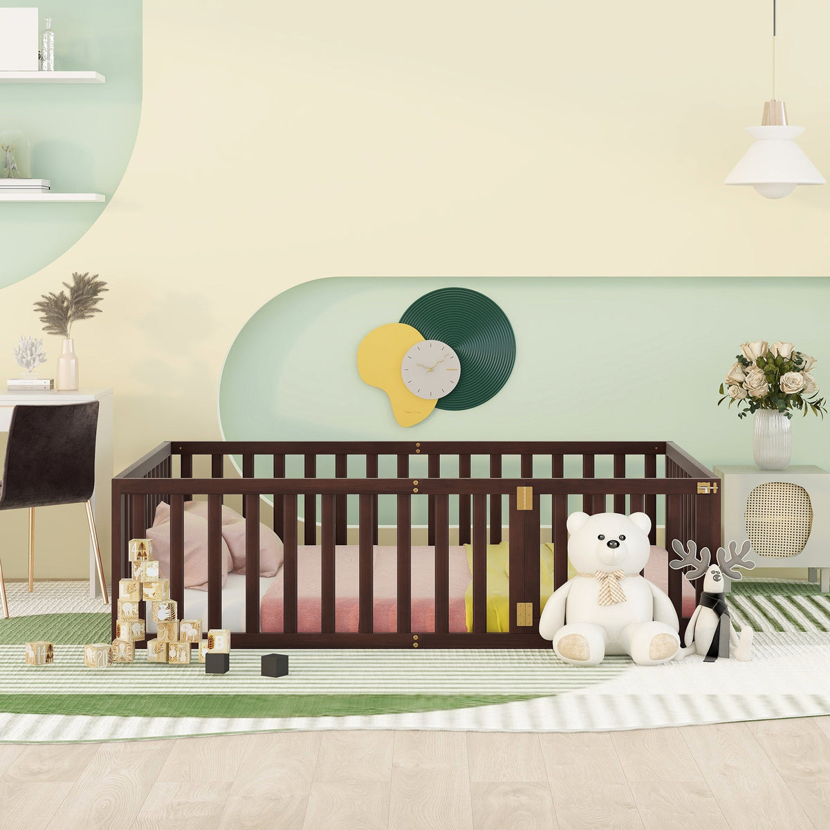 Walnut Kids Floor Bed with Fence and Gate for Toddlers