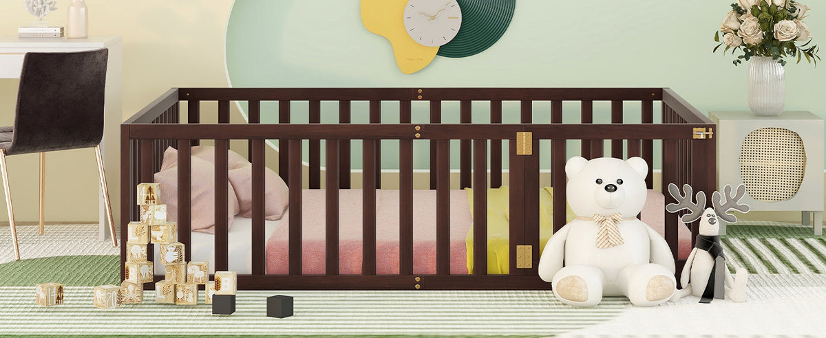 Walnut Kids Floor Bed with Fence and Gate for Toddlers