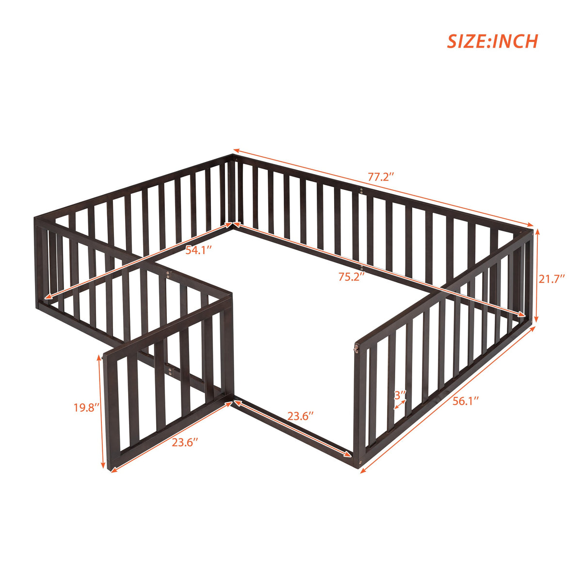 Walnut Kids Floor Bed with Fence and Gate for Toddlers