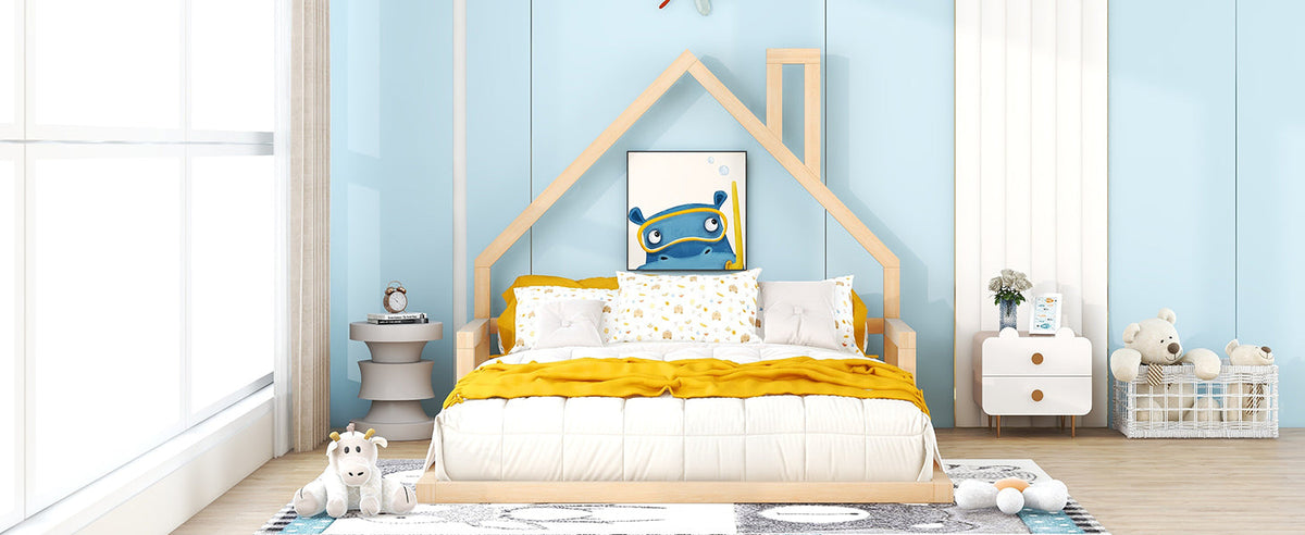 Full Size Kids Floor Bed with House-Shaped Headboard