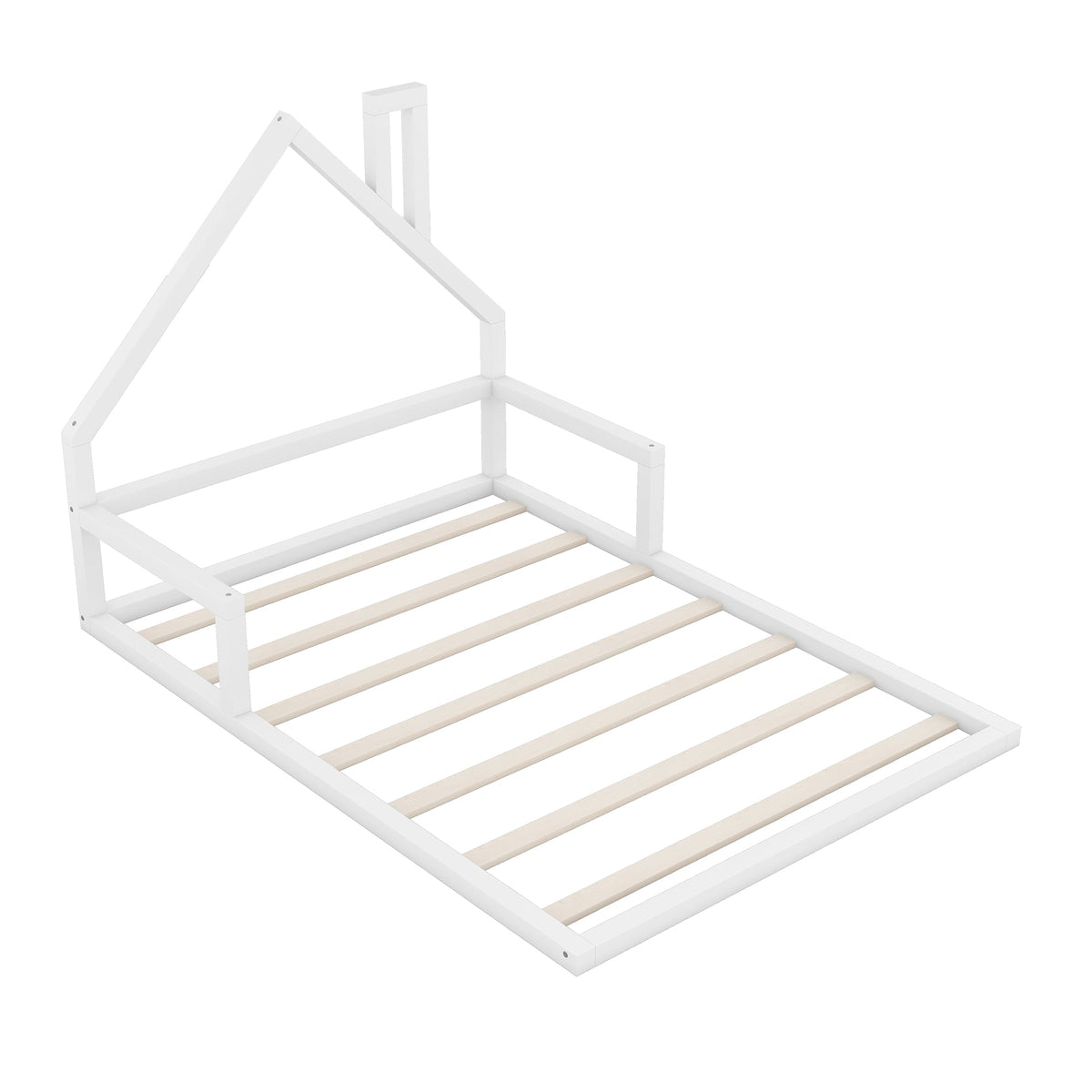 Full Size Floor Bed with House Headboard, White Wood