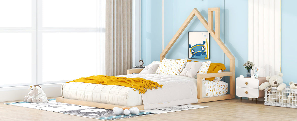 Full Size Kids Floor Bed with House-Shaped Headboard