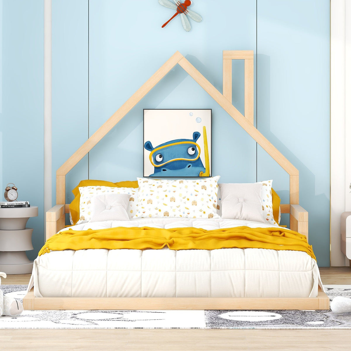 Full Size Kids Floor Bed with House-Shaped Headboard