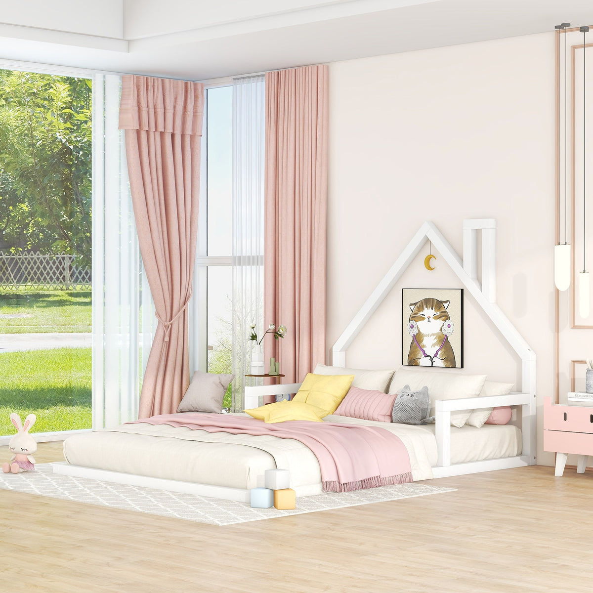 Full Size Floor Bed with House Headboard, White Wood