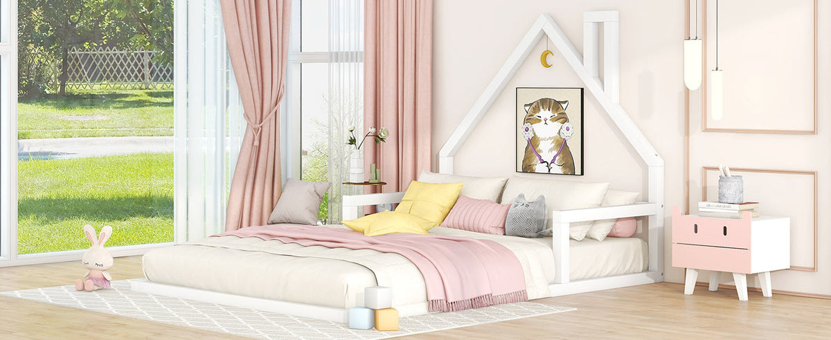 Full Size Floor Bed with House Headboard, White Wood