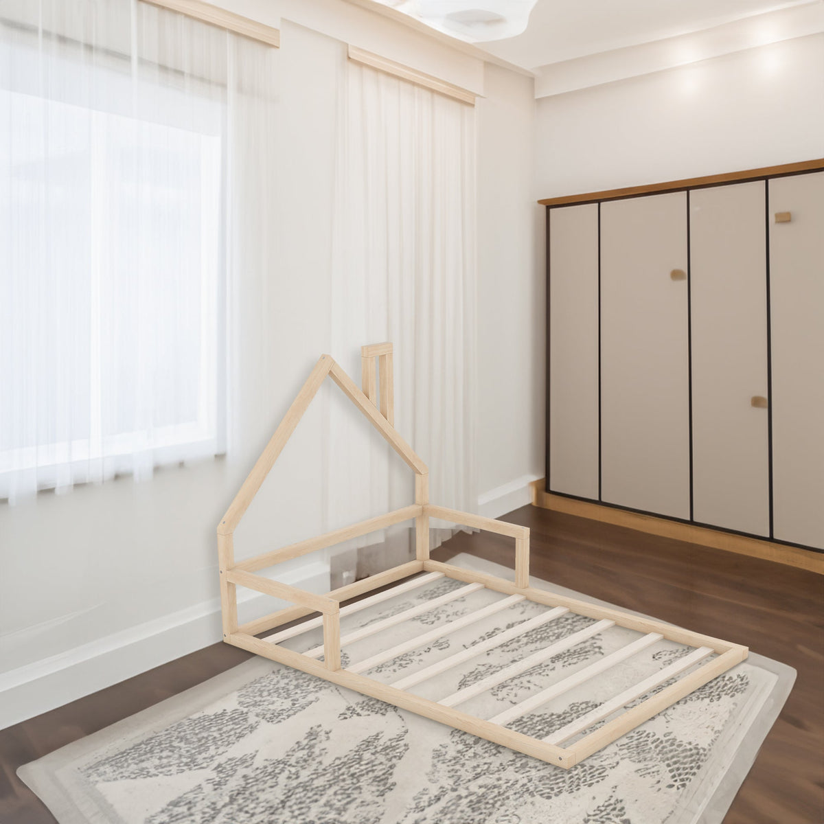 Full Size Kids Floor Bed with House-Shaped Headboard