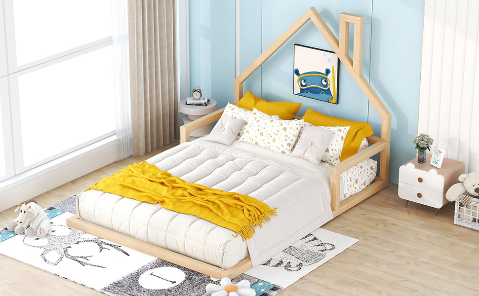 Full Size Kids Floor Bed with House-Shaped Headboard