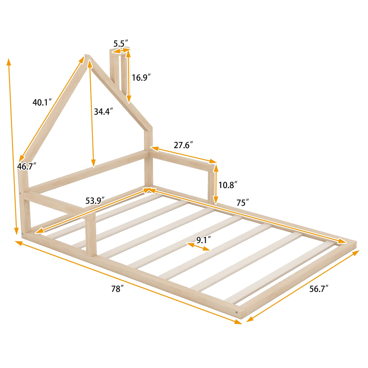 Full Size Kids Floor Bed with House-Shaped Headboard