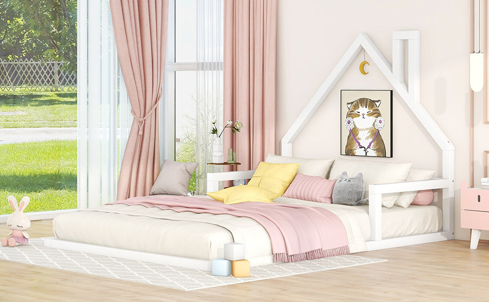 Full Size Floor Bed with House Headboard, White Wood