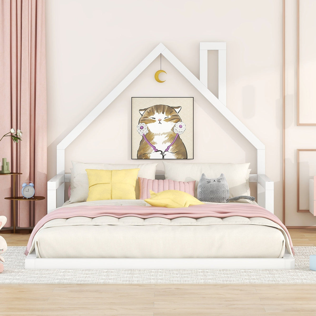 Full Size Floor Bed with House Headboard, White Wood