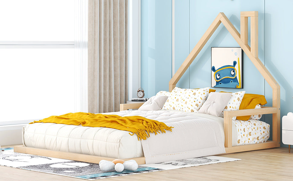 Full Size Kids Floor Bed with House-Shaped Headboard