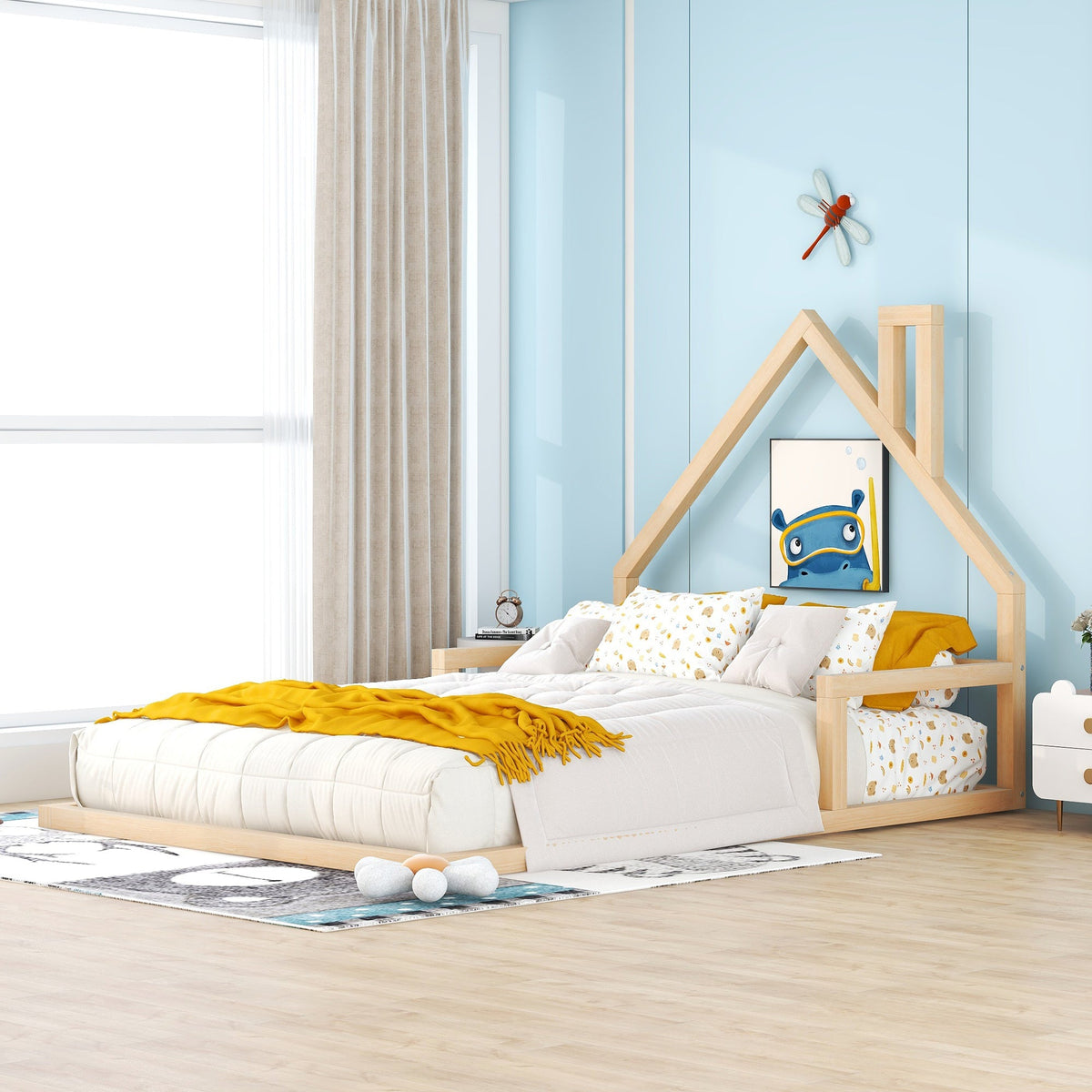 Full Size Kids Floor Bed with House-Shaped Headboard