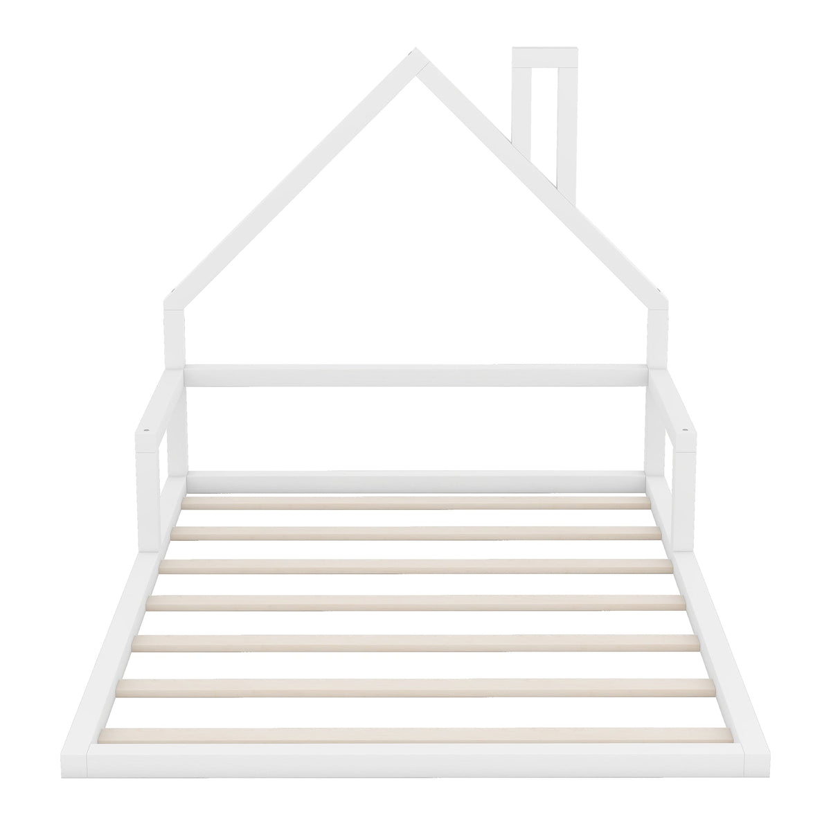 Full Size Floor Bed with House Headboard, White Wood