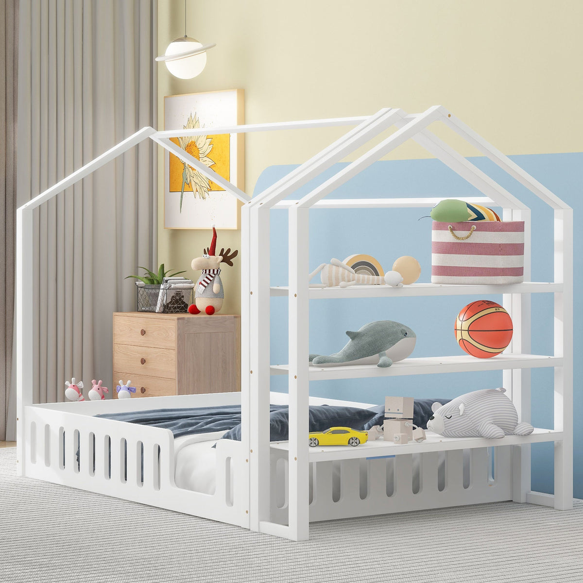 Full Size House Bed for Kids with Fence and Storage