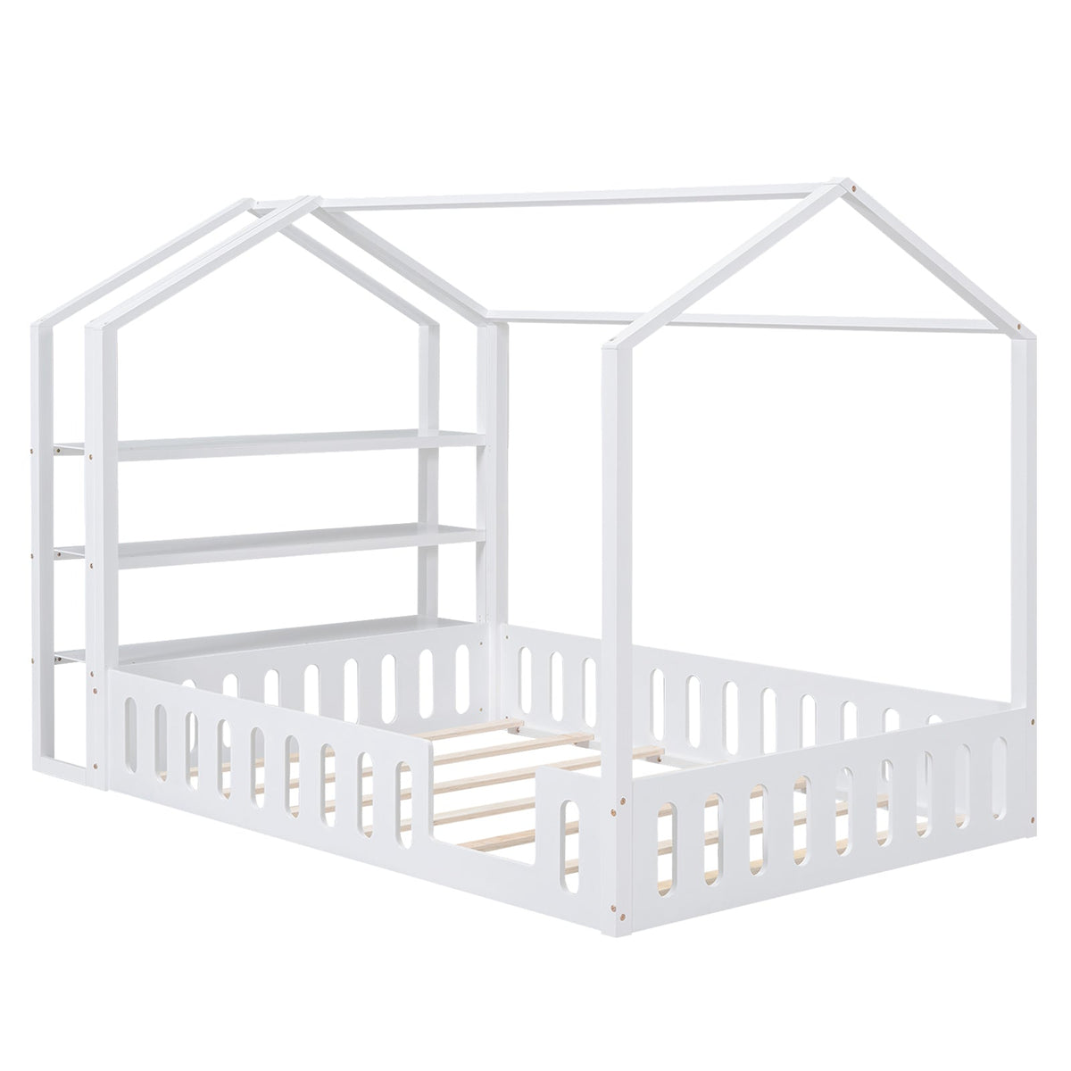 Full Size House Bed for Kids with Fence and Storage