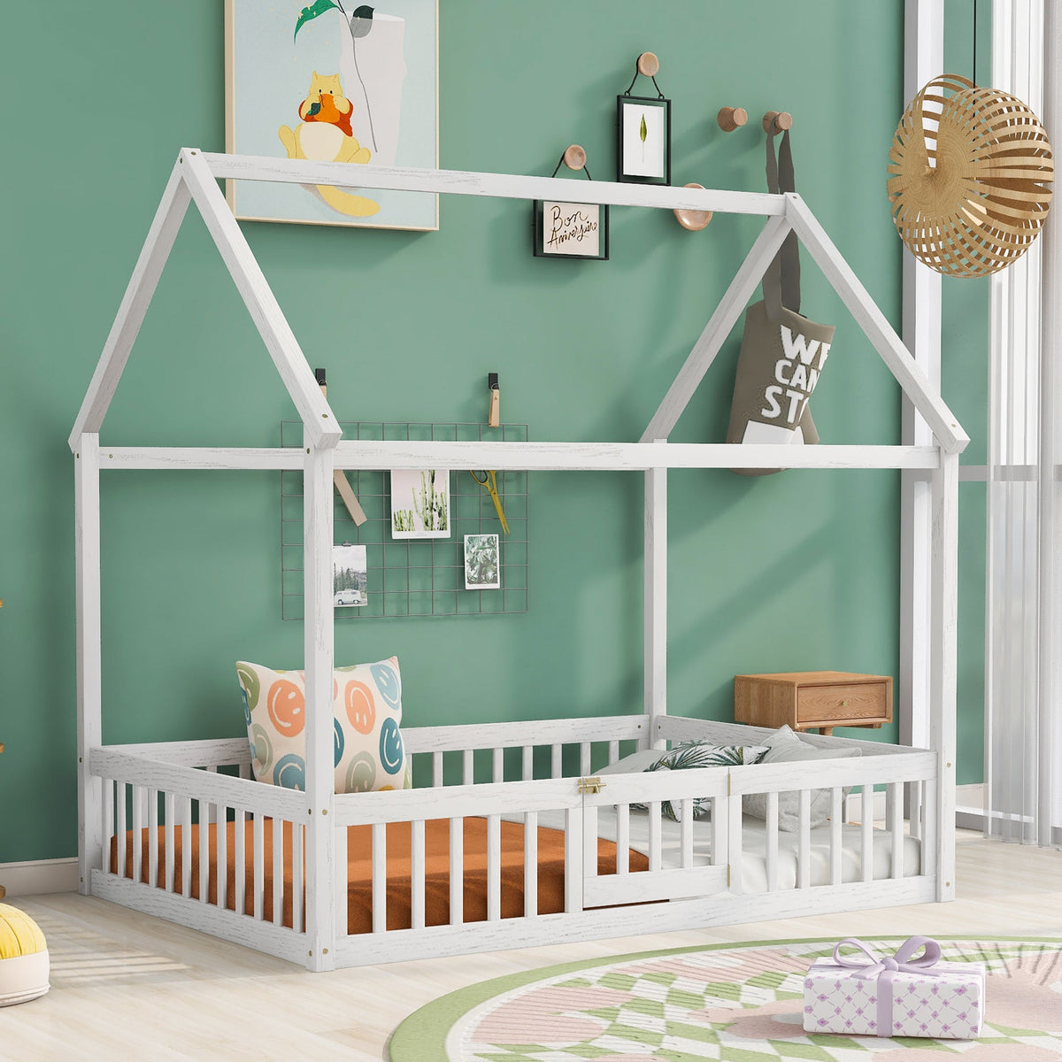 Full Size House Bed with Guard Rails and Gate