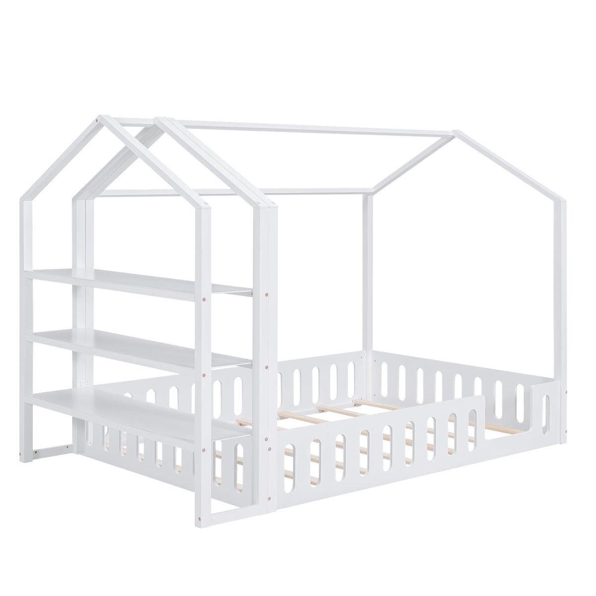 Full Size House Bed for Kids with Fence and Storage