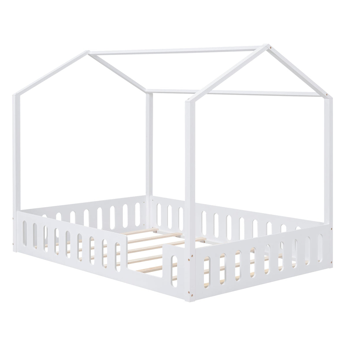 Full Size House Bed for Kids with Fence and Storage