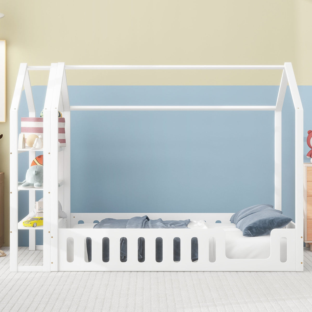 Full Size House Bed for Kids with Fence and Storage