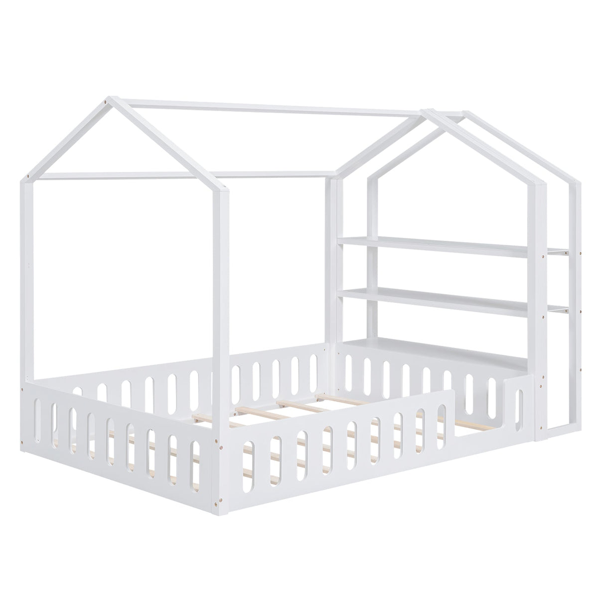 Full Size House Bed for Kids with Fence and Storage