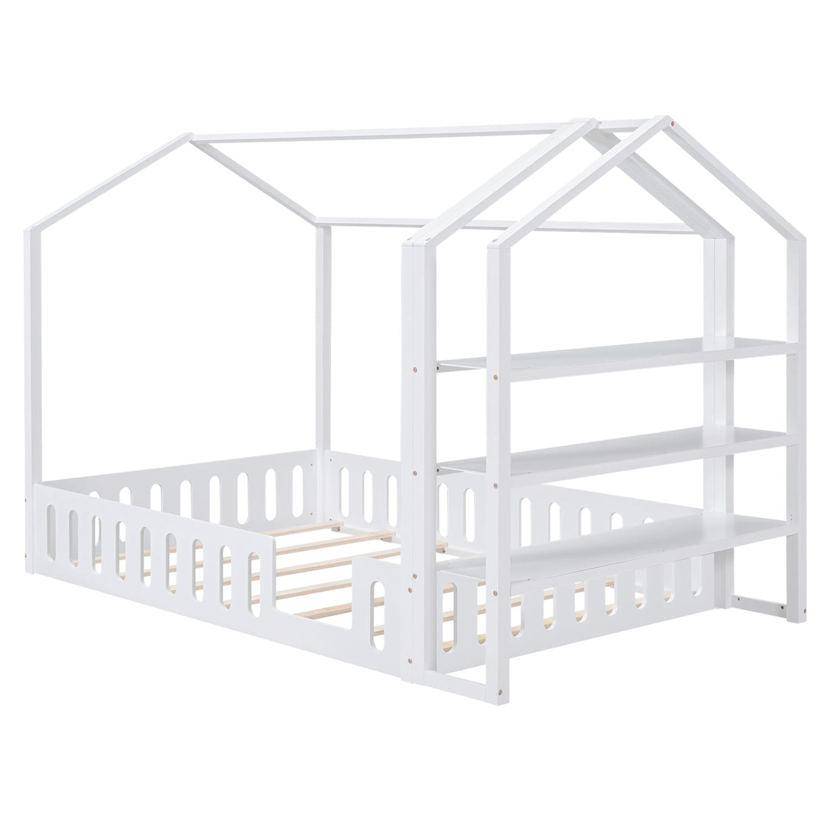 Full Size House Bed for Kids with Fence and Storage