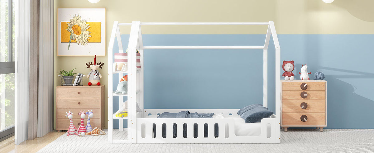 Full Size House Bed for Kids with Fence and Storage