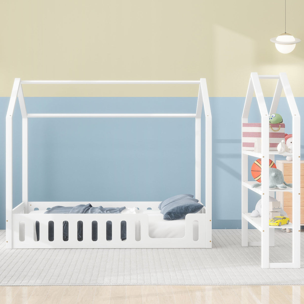 Full Size House Bed for Kids with Fence and Storage