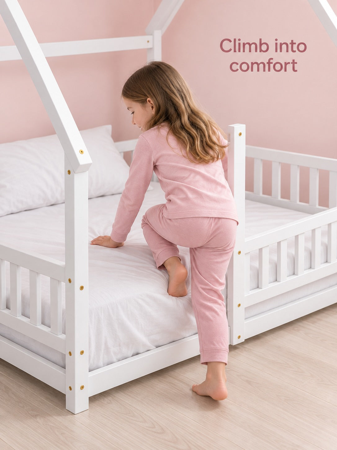Full Size Wooden House Bed with Guardrails for Kids