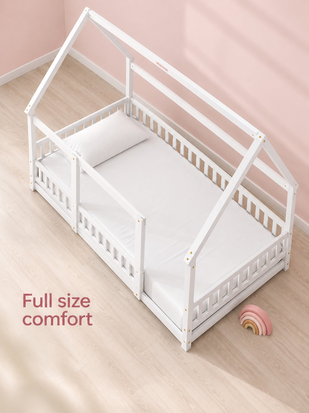 Full Size Wooden House Bed with Guardrails for Kids