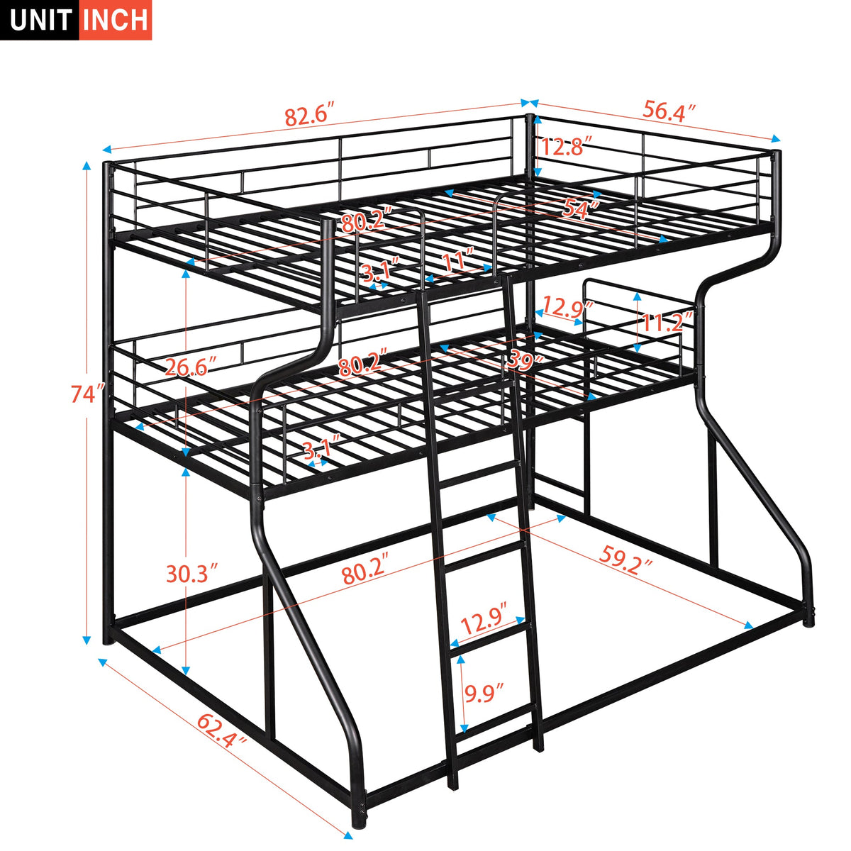 Triple Bunk Bed for Three Sleepers, Black Metal Frame