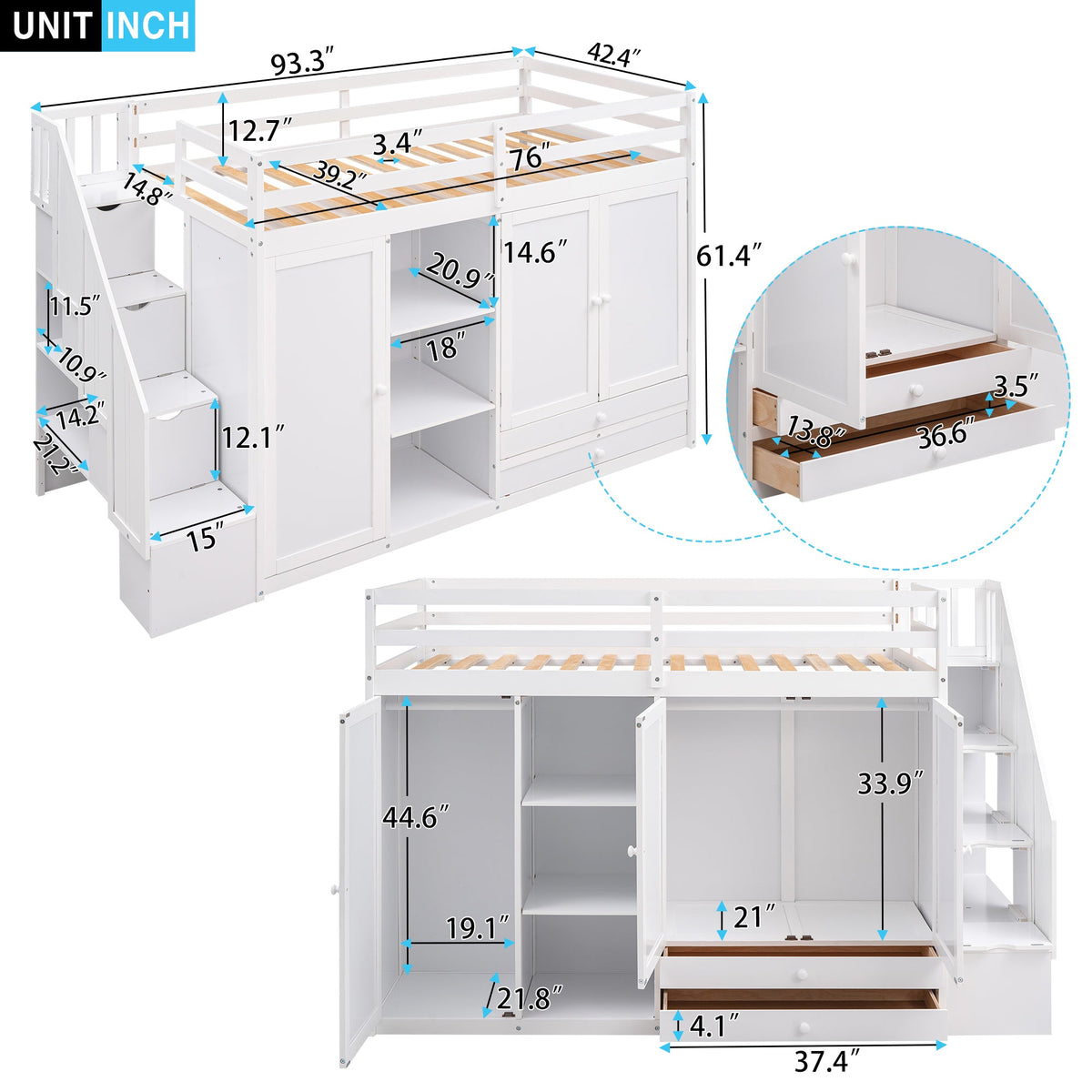 Loft Bed with Wardrobes and Drawers for Small Rooms