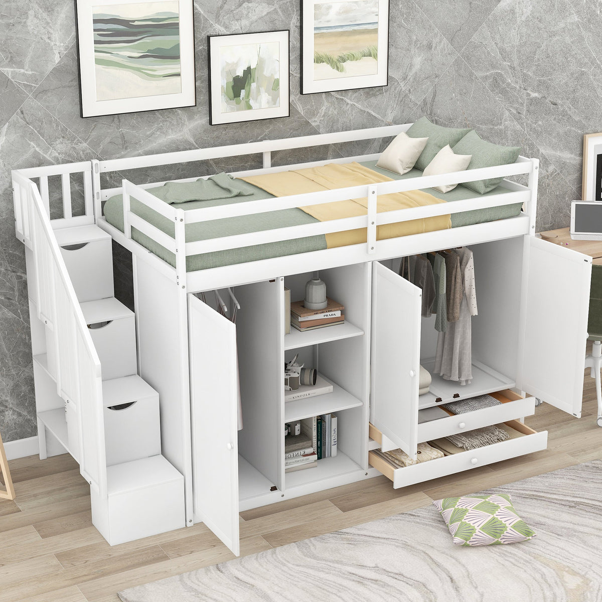 Loft Bed with Wardrobes and Drawers for Small Rooms