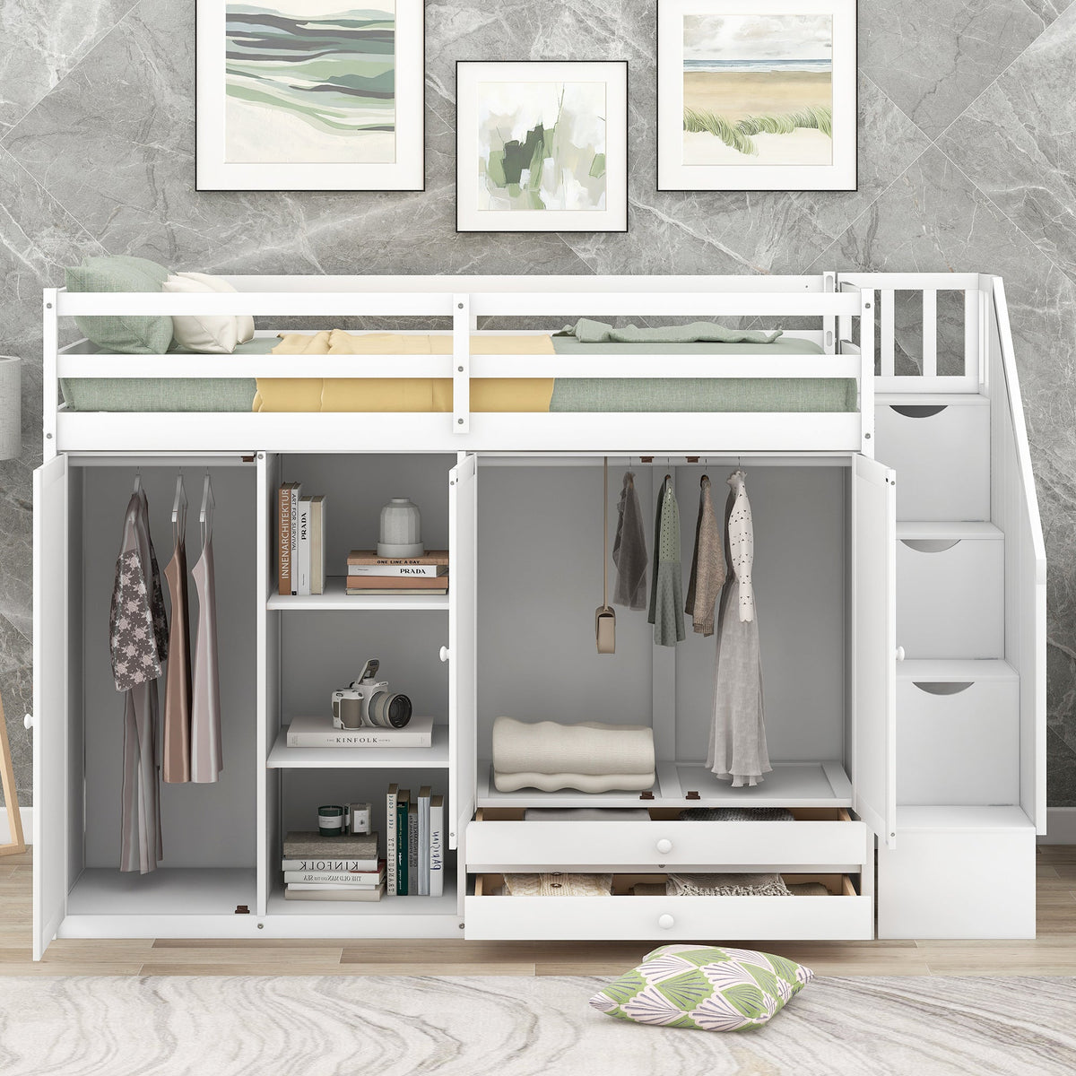 Loft Bed with Wardrobes and Drawers for Small Rooms
