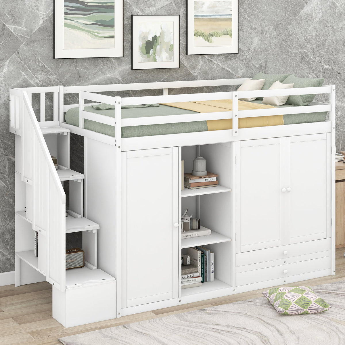 Loft Bed with Wardrobes and Drawers for Small Rooms