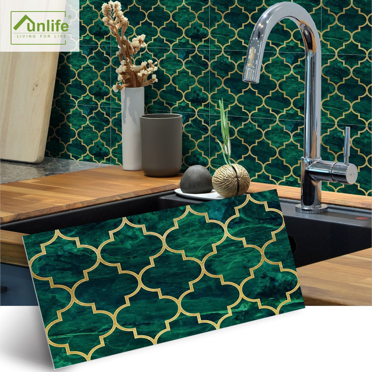 Wallpaper Sticker — Emerald And Gold Tiled Wall