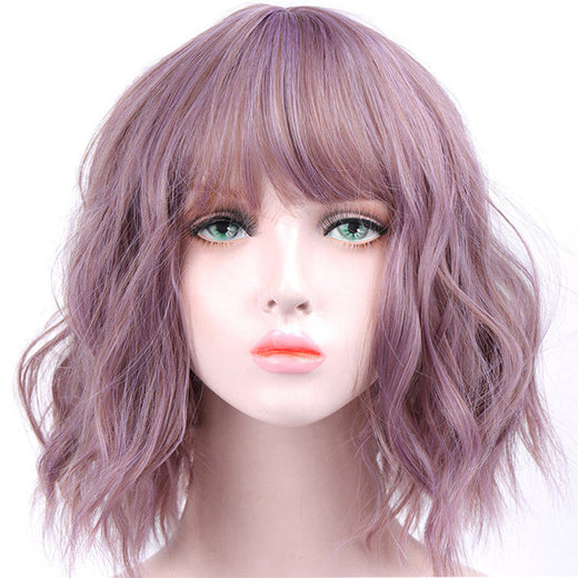 Lavender Curly Bob Wig – Corn Perm Waves, Adjustable Fit,